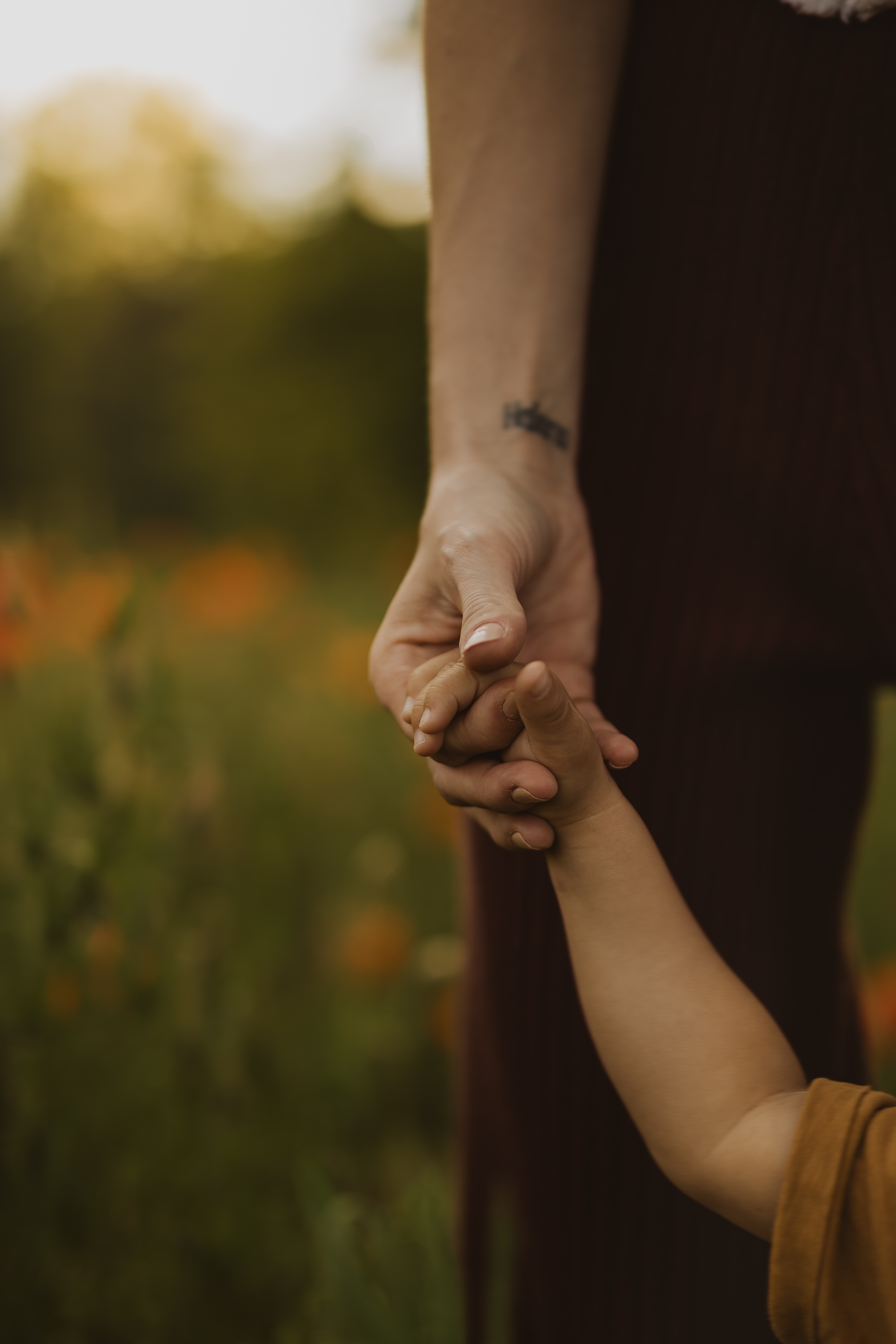 Die Hand eines Erwachsenen hält die kleine Hand eines Kindes, während sie auf einem Feld mit verschwommenem Grün und Blumen im Hintergrund stehen. Auf dem Arm des Erwachsenen ist in der Nähe des Handgelenks ein kleines Tattoo zu sehen. Beide Personen tragen langärmelige Kleidung, wunderschön aufgenommen während eines Fotoshootings in der Natur.