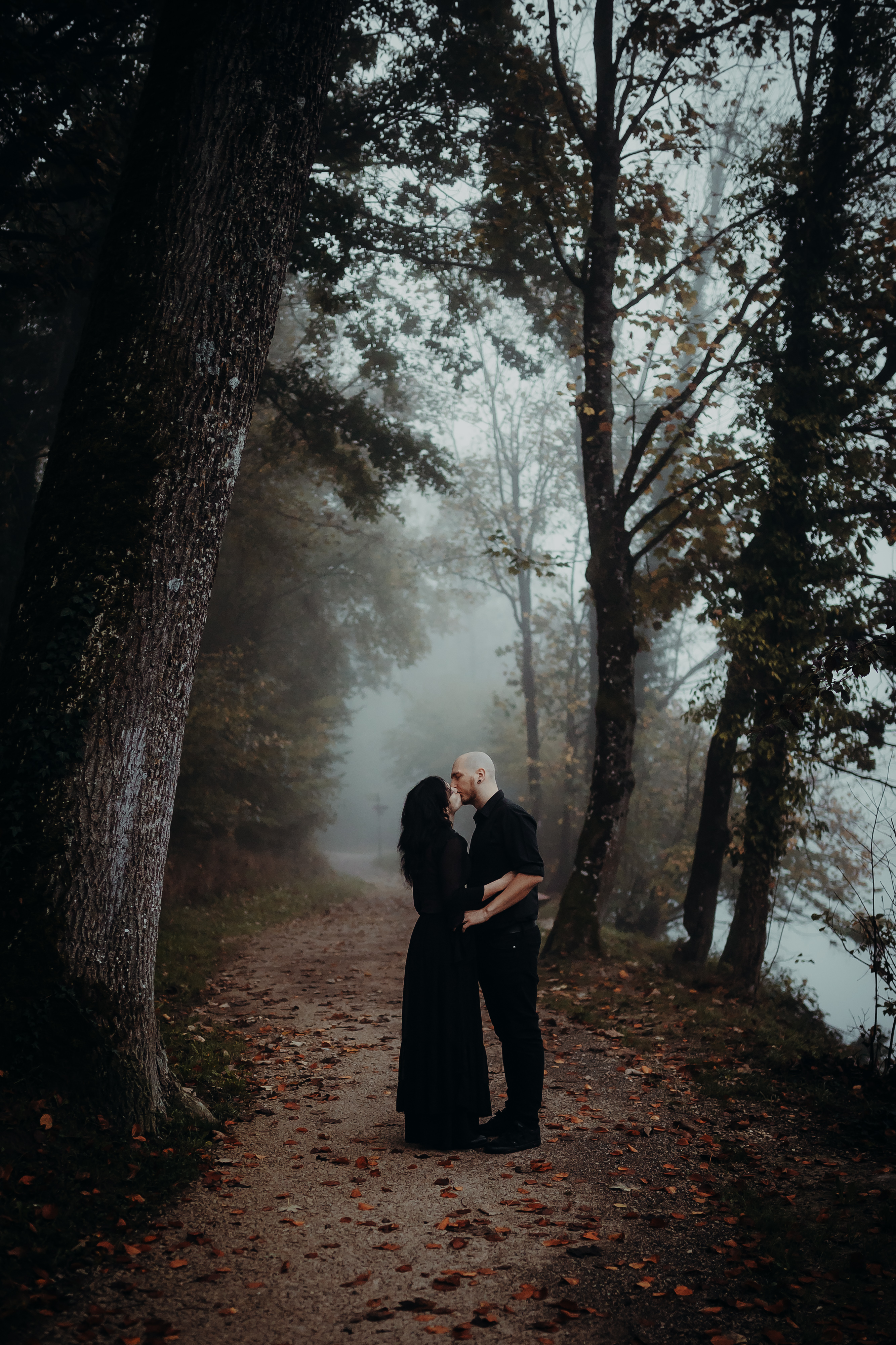 Ein schwarz gekleidetes Paar steht auf einem mit Laub bedeckten Waldweg und küsst sich innig. Hohe Bäume säumen den nebligen Weg und schaffen eine ruhige und romantische Atmosphäre, die perfekt für ein Gothic-Paarshooting ist.
