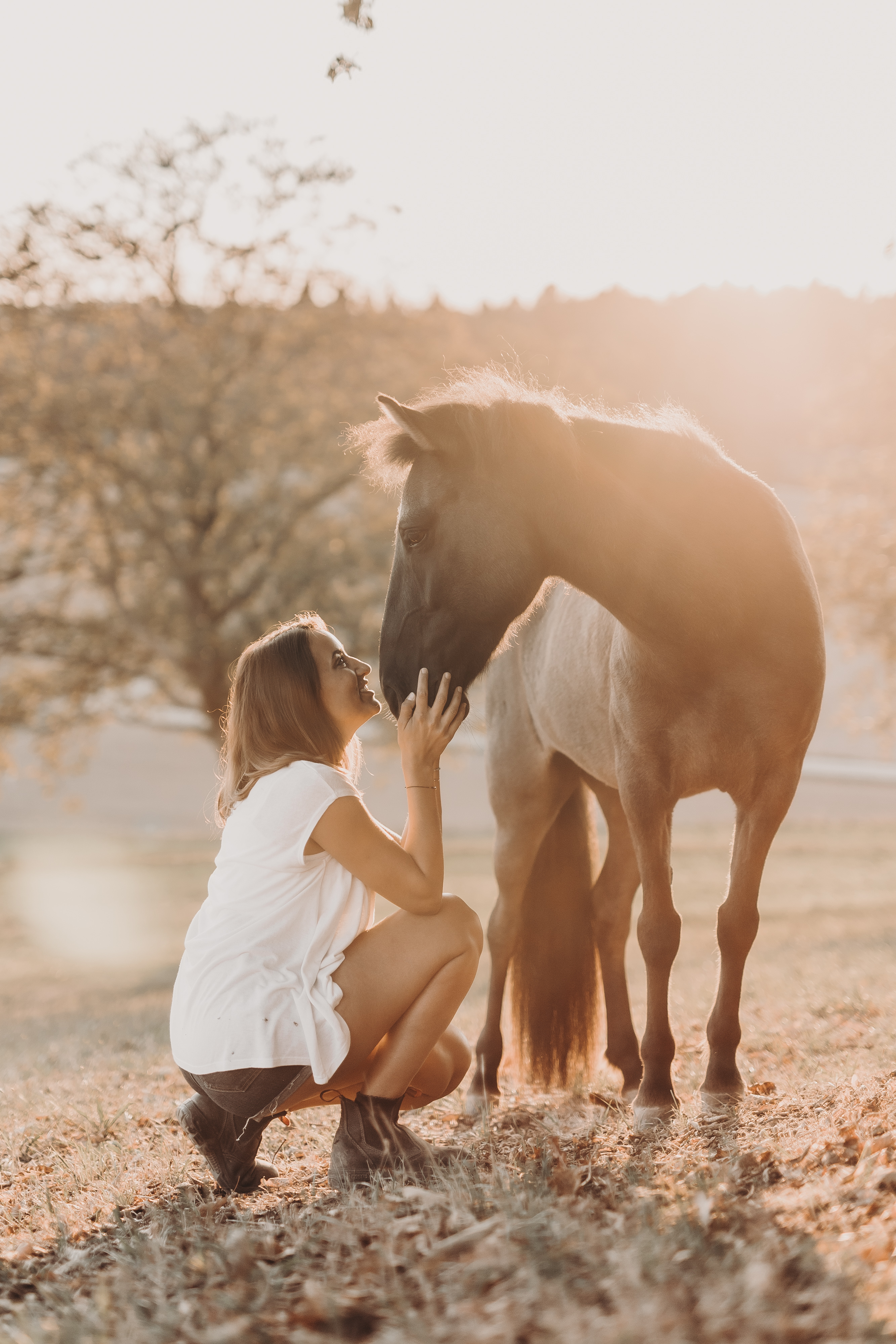 Eine Frau in einem weißen Kleid und Stiefeln hockt sich hin und berührt sanft das Gesicht eines braunen Pferdes auf einer sonnenbeschienenen Wiese und schafft so eine heitere und warme Atmosphäre, perfekt für Pferdefotografie.