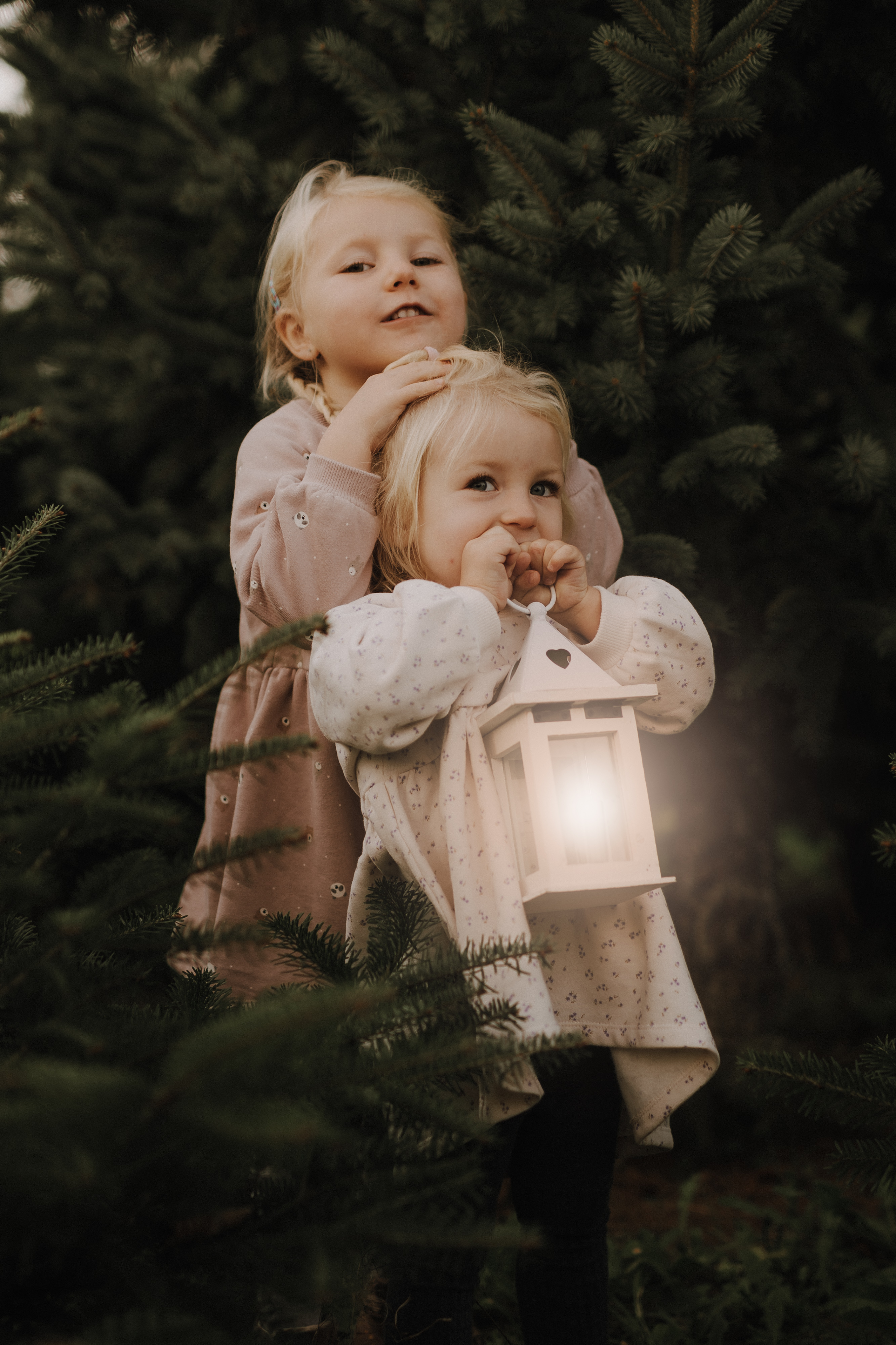 Zwei kleine Kinder stehen vor einem Tannenbaum. Das ältere Kind steht lächelnd dahinter und hält sanft den Kopf des jüngeren. Das jüngere Kind, ebenfalls lächelnd, hält eine leuchtende Laterne. Beide sind in helle Winterkleidung gekleidet und fangen damit perfekt den Geist unseres Weihnachts-Fotoshootings ein.